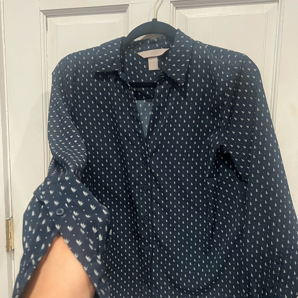 Women's Navy Patterned Button Down Shirt H&M